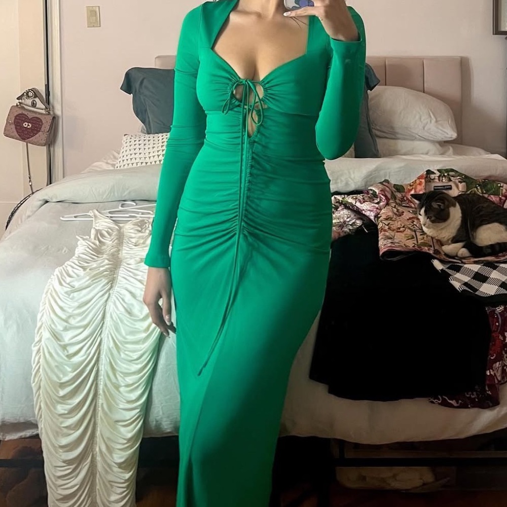 NWT Rebecca Vallance Jade Green Edie Cut Out Ruched Jersey Dress